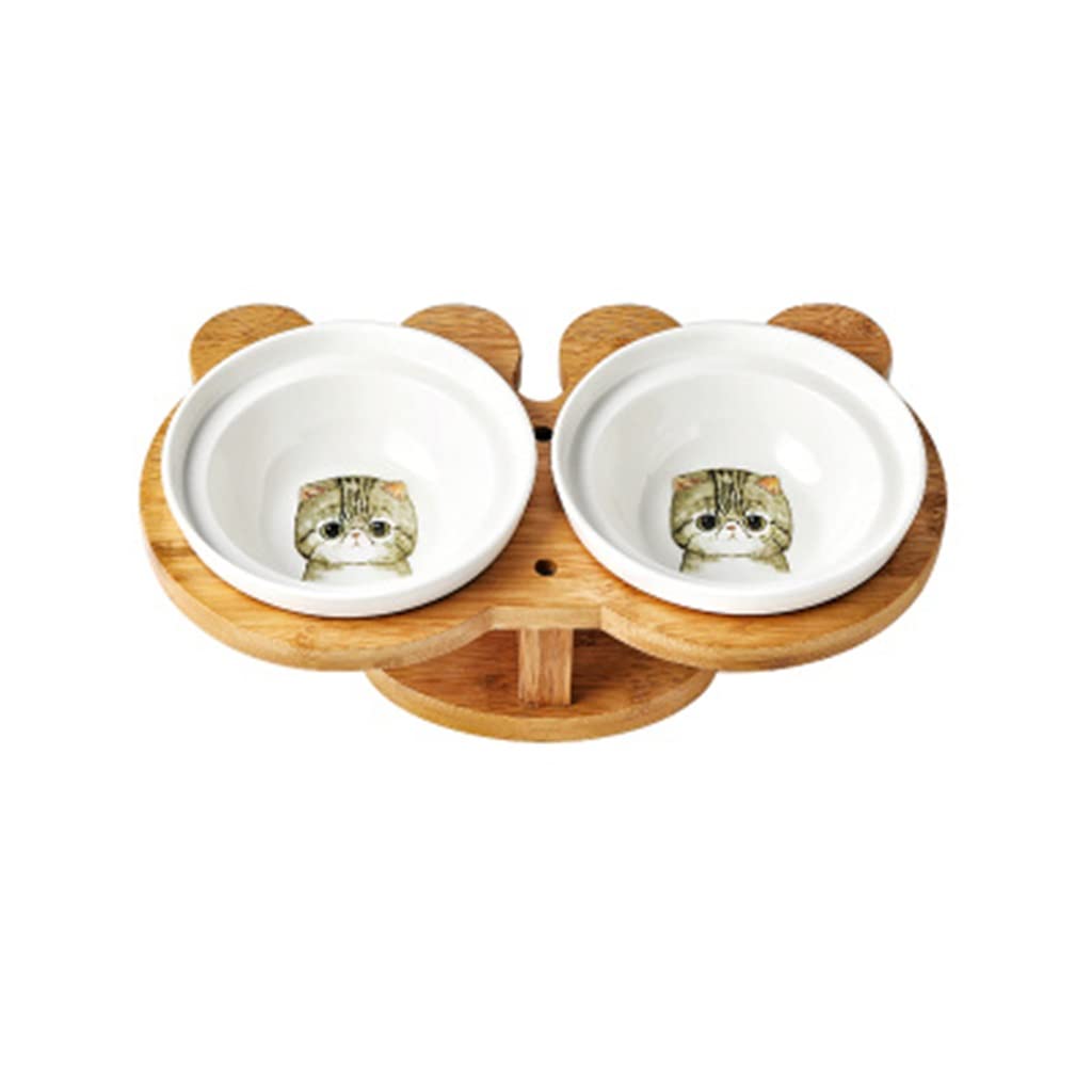 TBNLASS Elevated Angled Ceramic Cat Bowl with Wood Stand