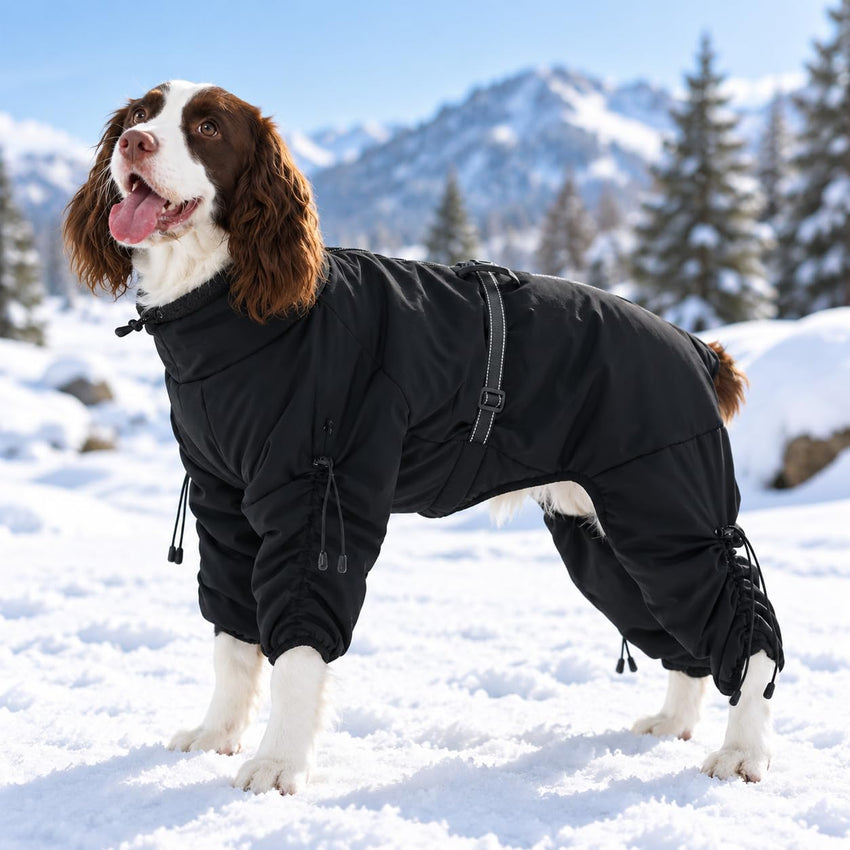 Black XL Full-Body Fleece Dog Winter Coat with Built-In Harness