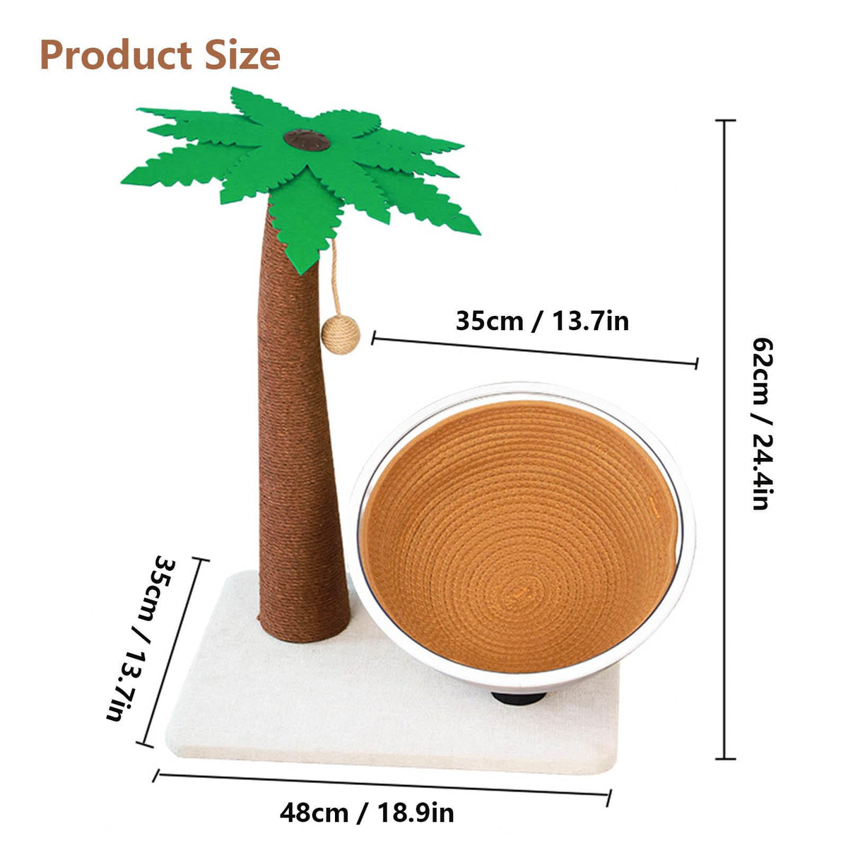 24-Inch 3-in-1 Palm Tree Cat Scratcher with Sisal & Cave Bed