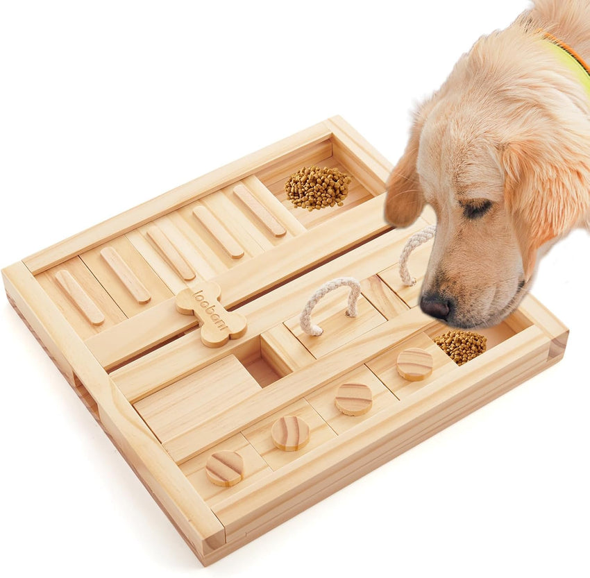 LOOBANI Wooden Dog Puzzle & Slow Feeder Treat Dispenser