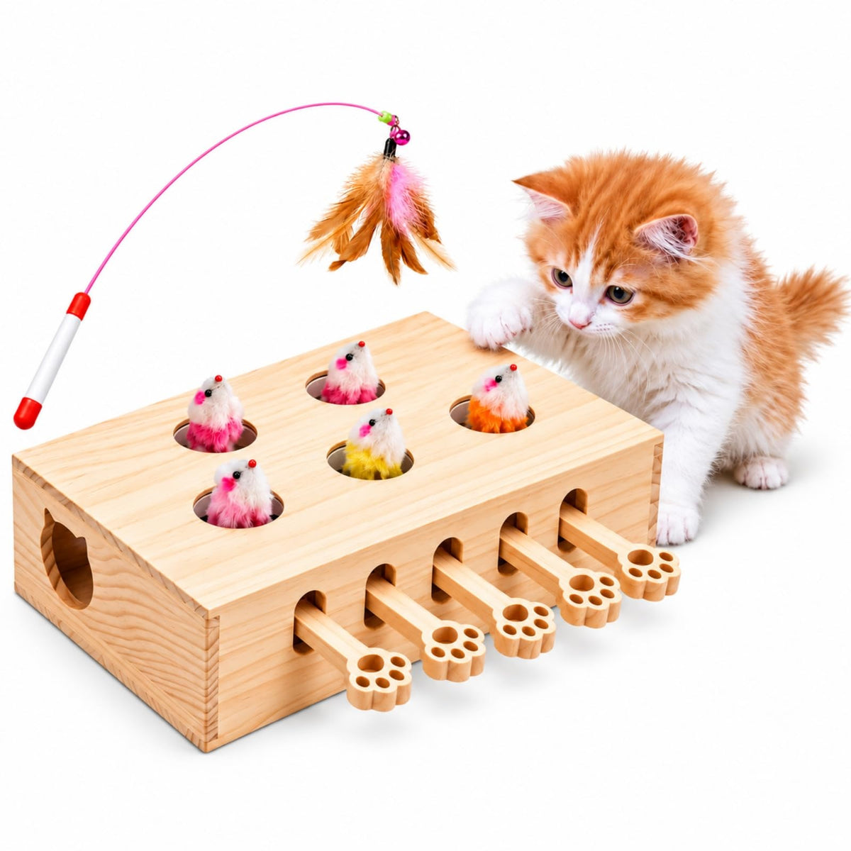5-Hole Wooden Whack-a-Mole Cat Toy with Plush Mice