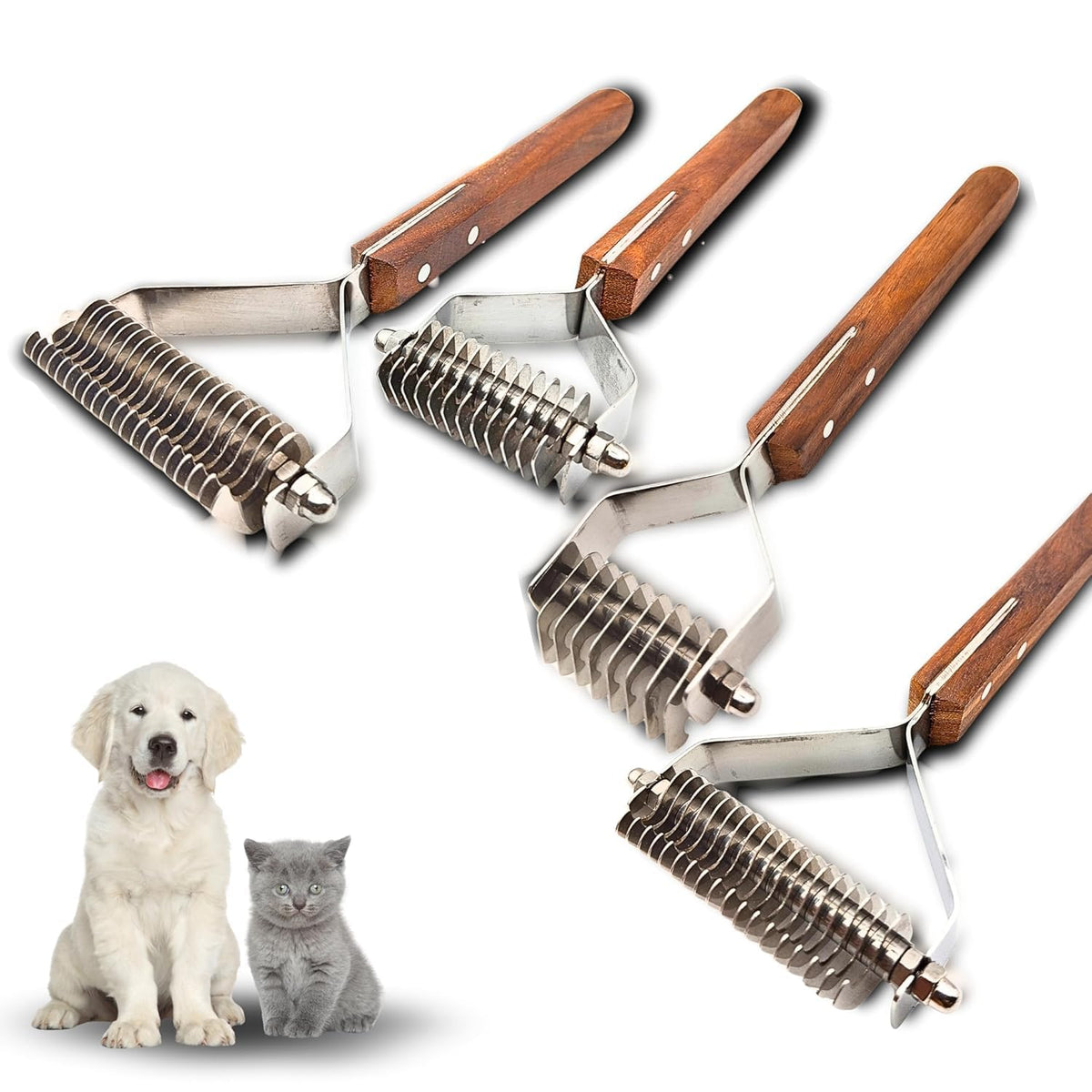 Stainless Steel Dog & Cat Dematting Rake with Wood Handle