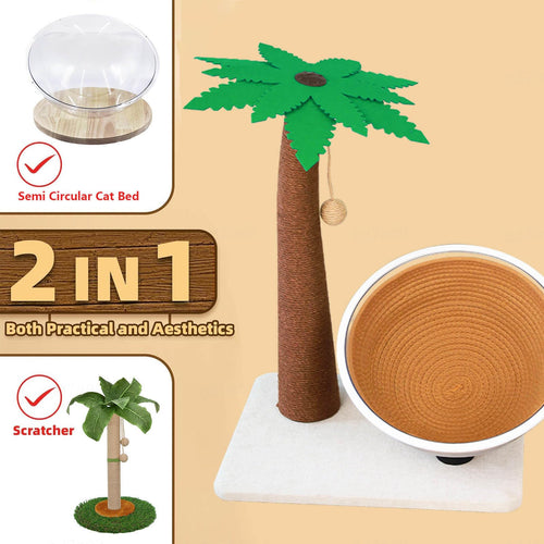 24-Inch 3-in-1 Palm Tree Cat Scratcher with Sisal & Cave Bed